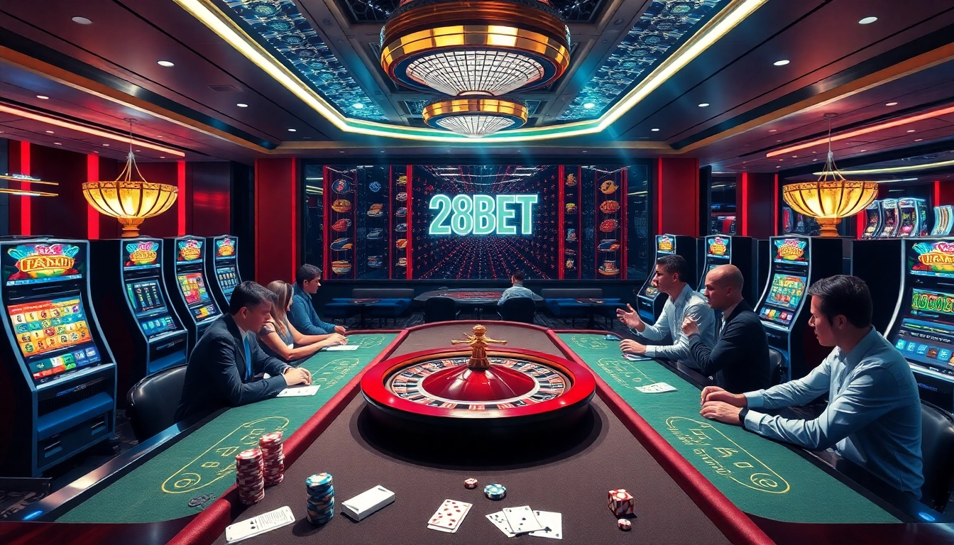 Players at a luxurious 28BET casino table celebrating their winning bets amidst vibrant gaming excitement.