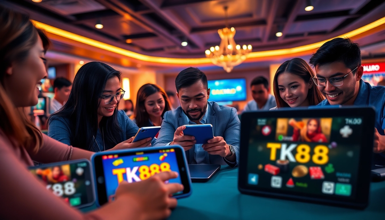 Dynamic online gaming scene showcasing tk88win.live with players enjoying casino and sports betting.