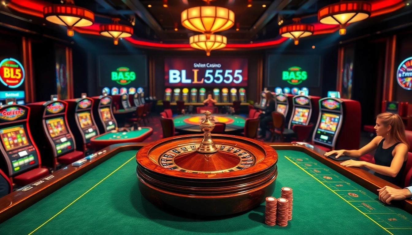 Play blackjack at BL555 casino table with vibrant poker chips and a lively atmosphere.
