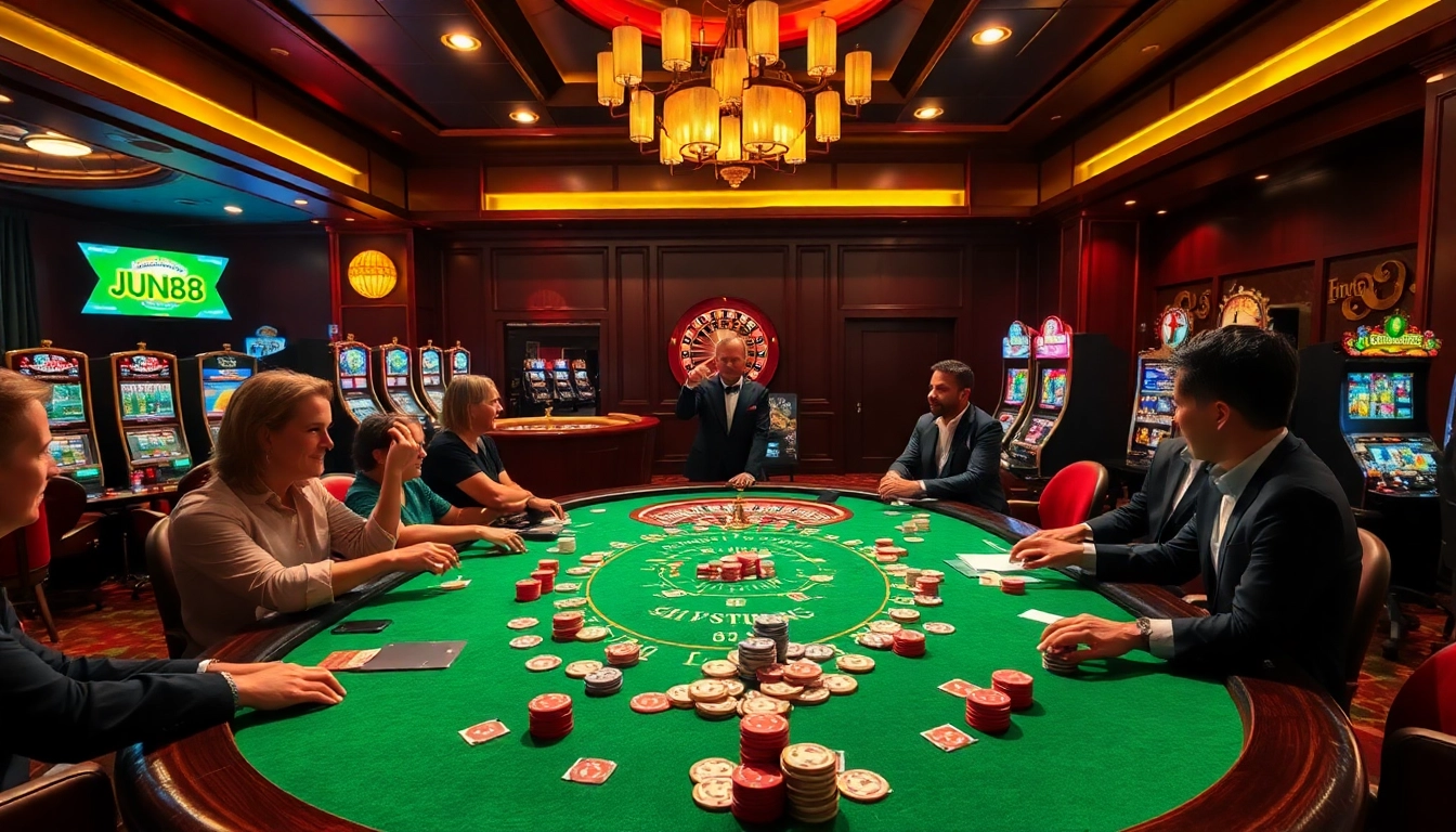 Experience the thrill of gambling at Jun88 Casino with vibrant poker tables and dazzling roulette wheels.
