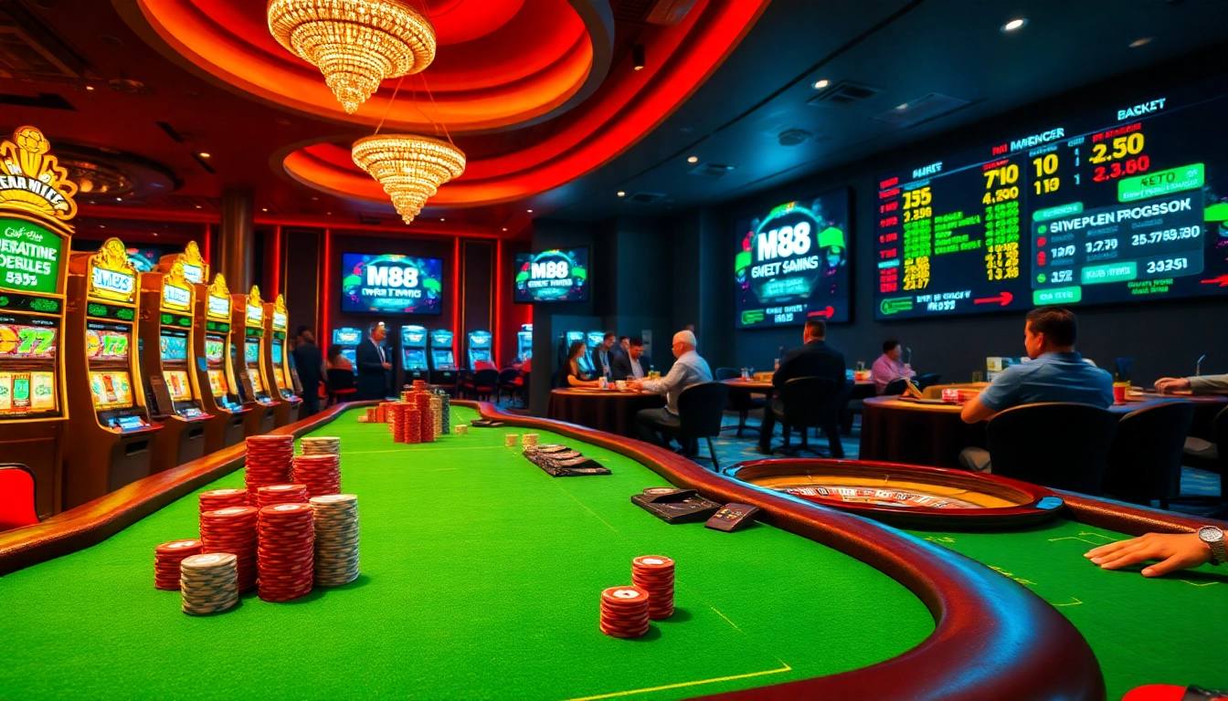 Người chơi đang tận hưởng một ván bài poker đầy hồi hộp tại M88 Casino với ánh đèn rực rỡ và thiết kế sang trọng.