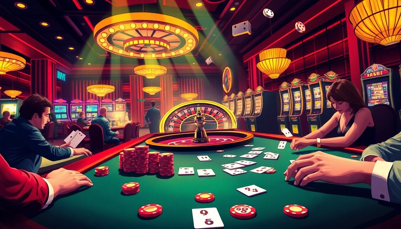 Exciting scene of a casino showcasing tỷ lệ kèo nhà cái with players engaged at poker and roulette tables.