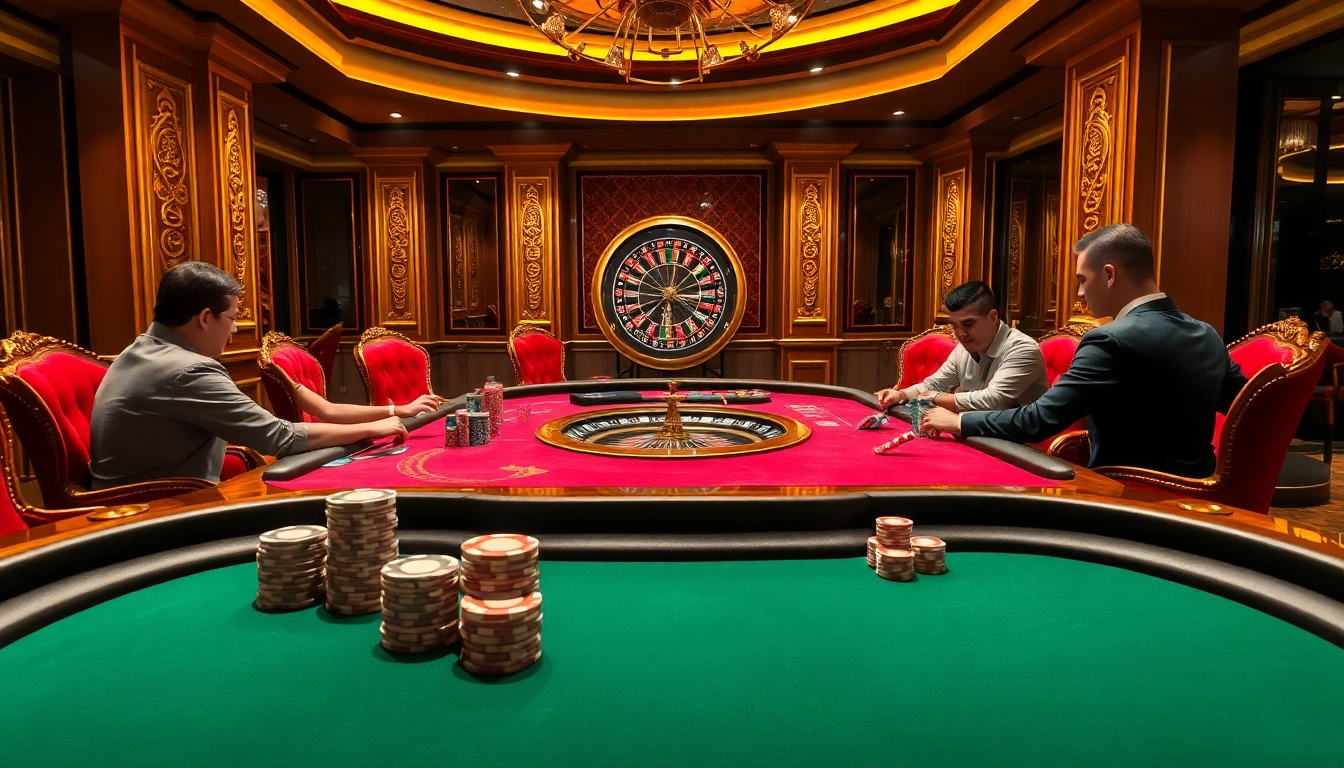 Naga99 players strategizing at a high-stakes poker table in a luxurious casino setting.