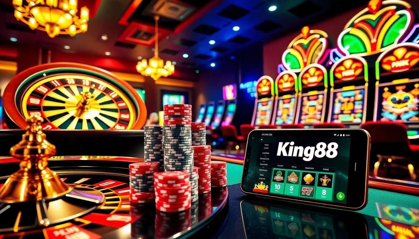 Experience the thrill of King88 online gambling with luxury casino visuals, poker chips, and slot machines.