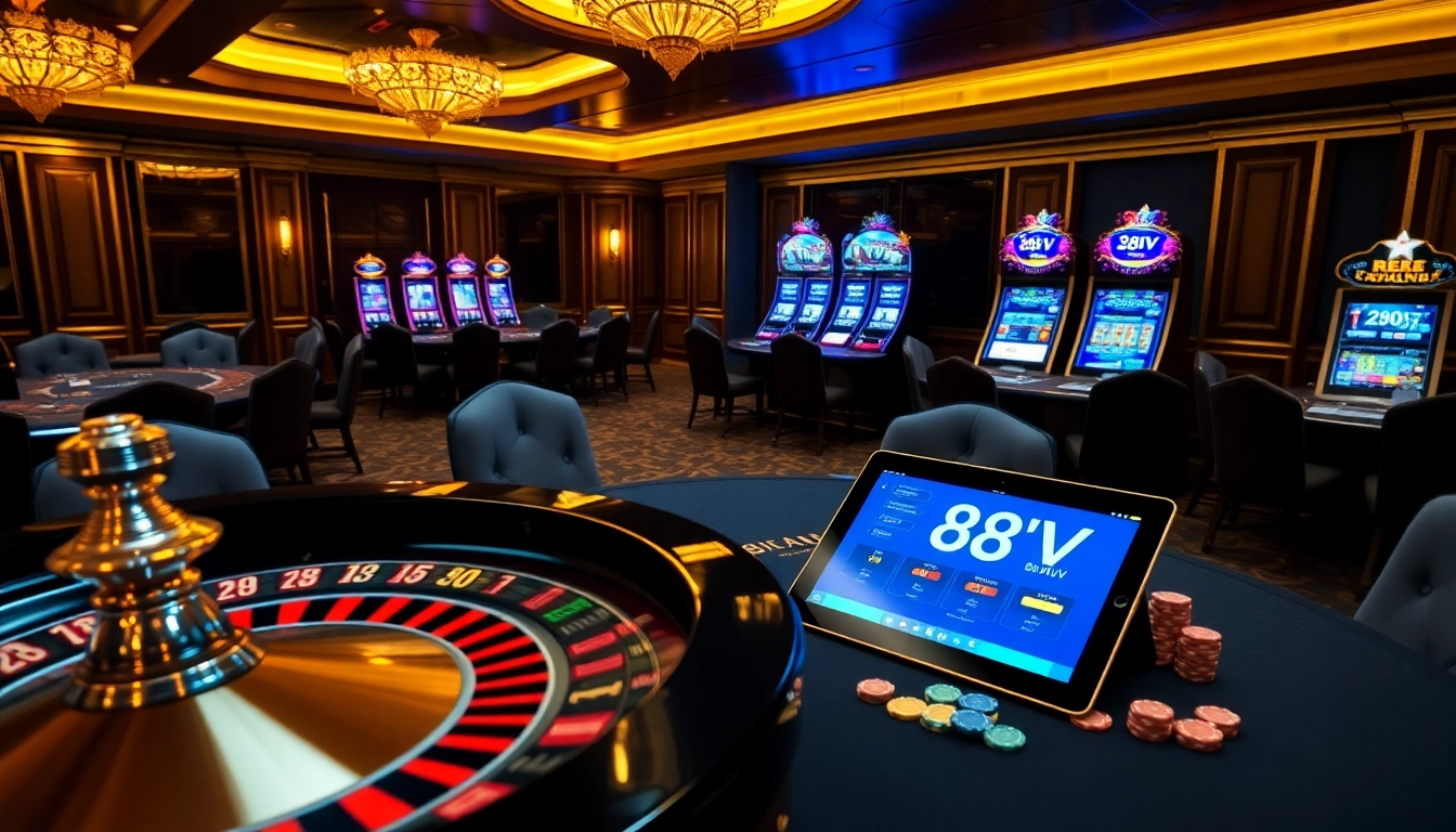 Experience the excitement of 88VV with a vibrant casino environment featuring roulette and slot machines.