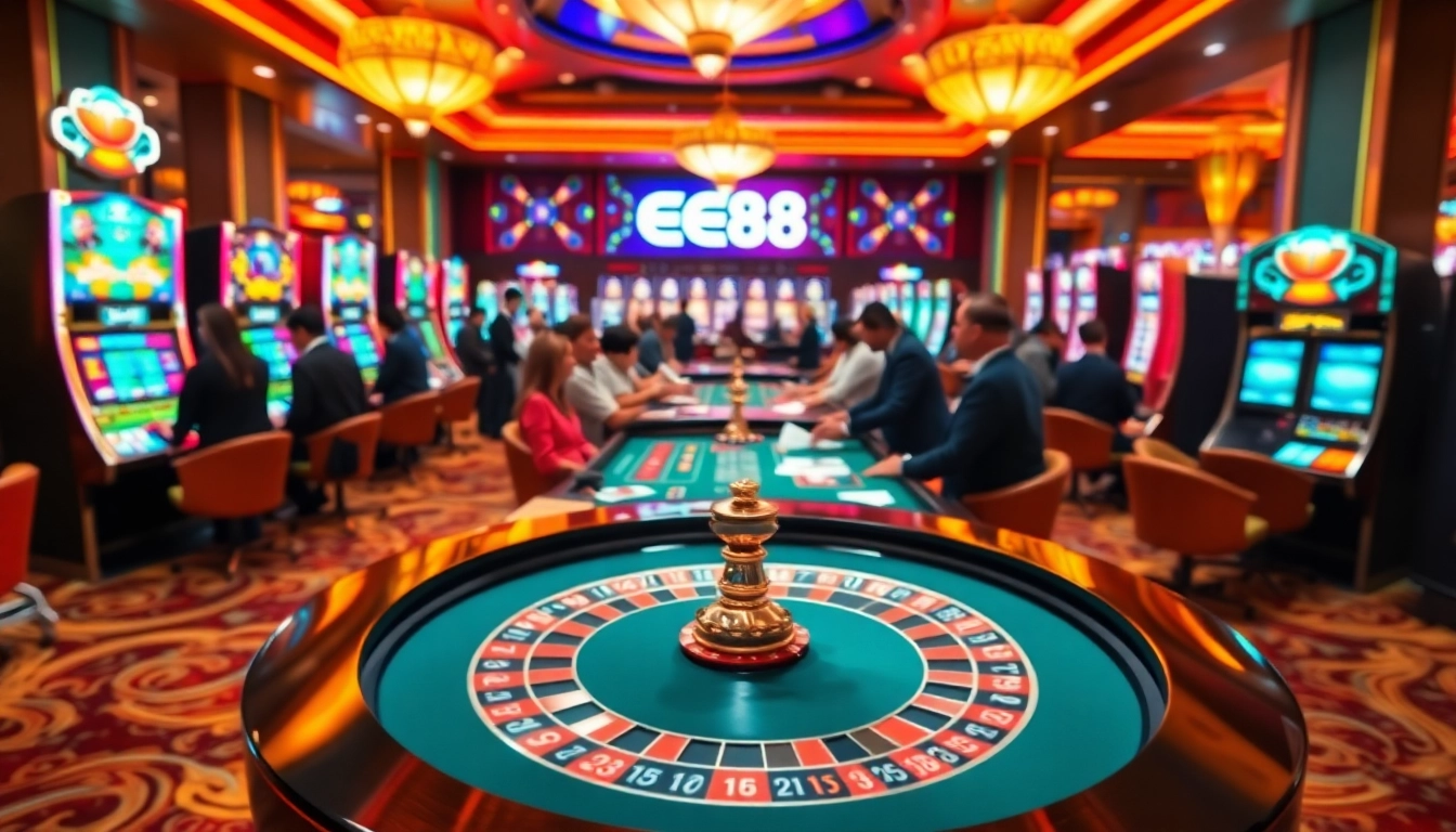 Players enjoying thrilling games at ee88win.net casino, featuring roulette and vibrant slot machines.