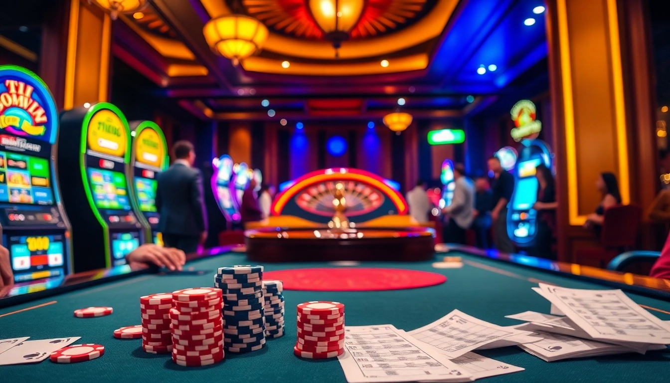 Tải Bomwin - Players enjoying thrilling casino games with vibrant slot machines and poker chips.