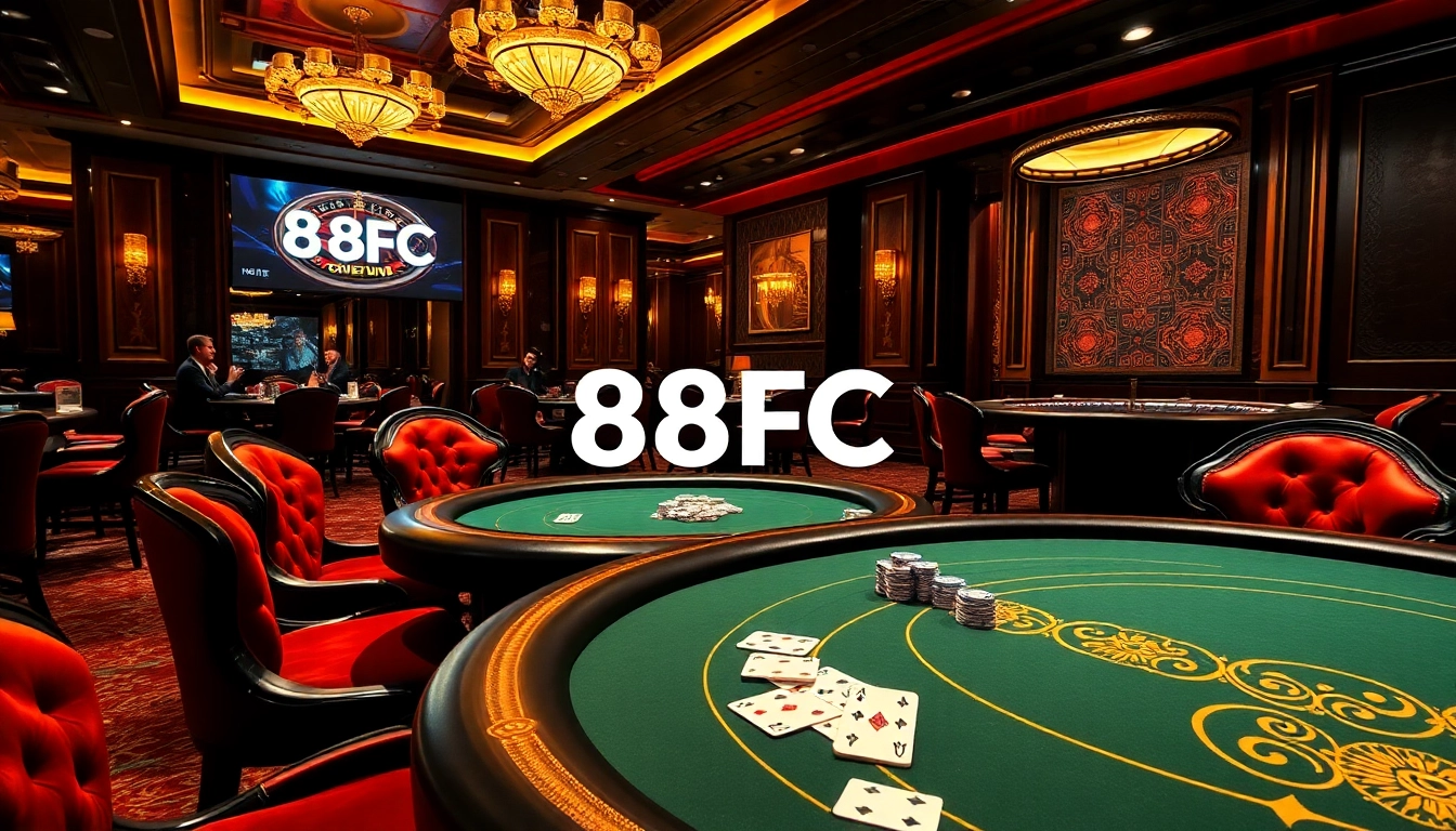 Experience thrilling gameplay at 88FC with vibrant poker tables adorned by glimmering chips and inviting ambiance.