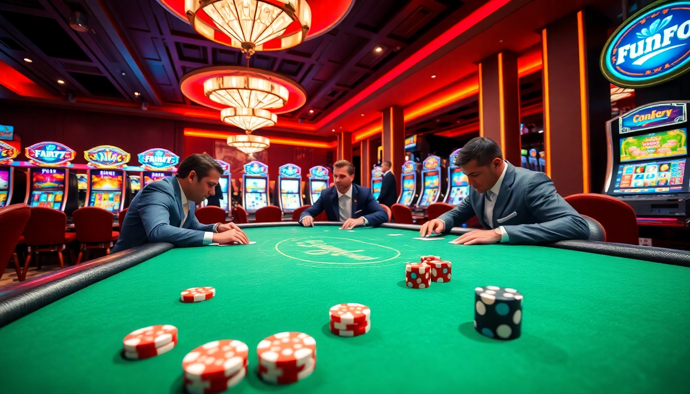 Experience the excitement of gambling at FUN79 with poker players and vibrant slot machines.
