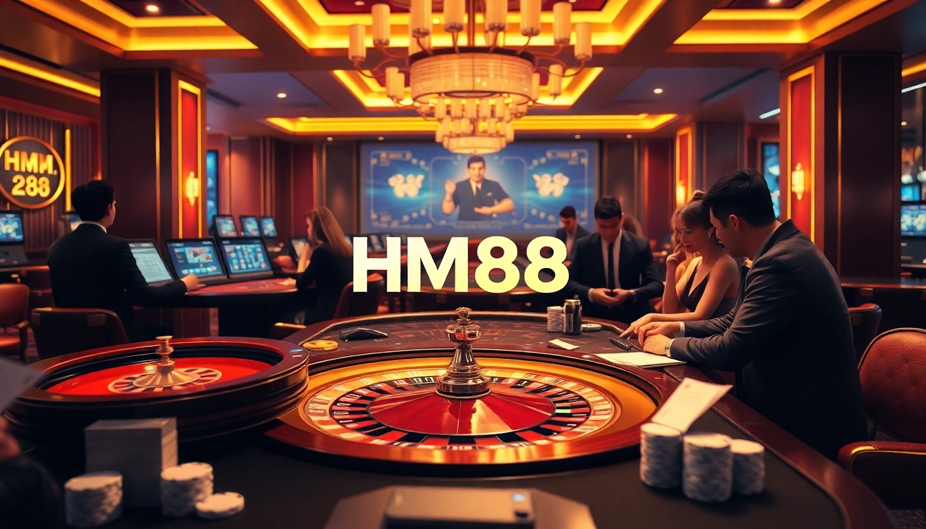 Experience the thrill of gambling at HM88 trang chủ with a luxurious casino scene featuring engaged players and iconic gaming elements.