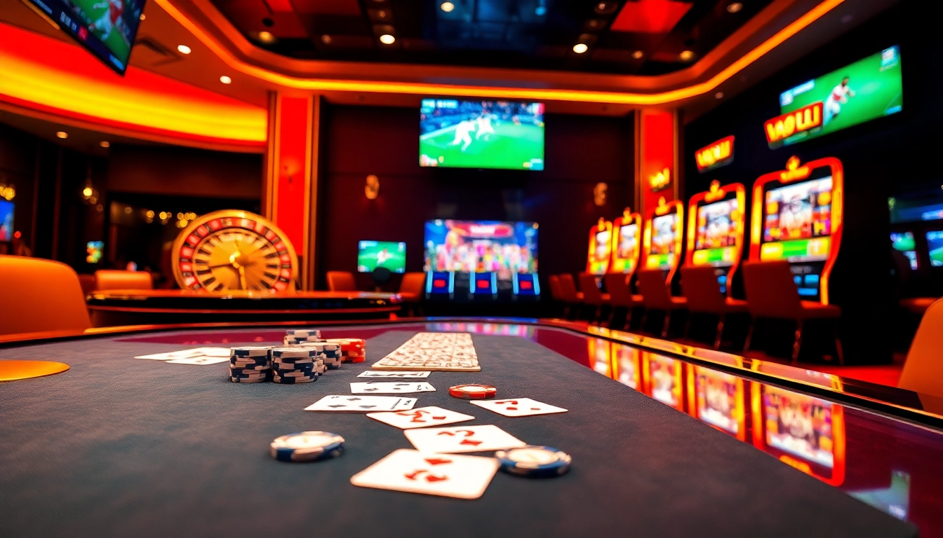 Experience the excitement of Vào Lưới TV with a luxurious online casino atmosphere featuring vivid cards and a roulette wheel.