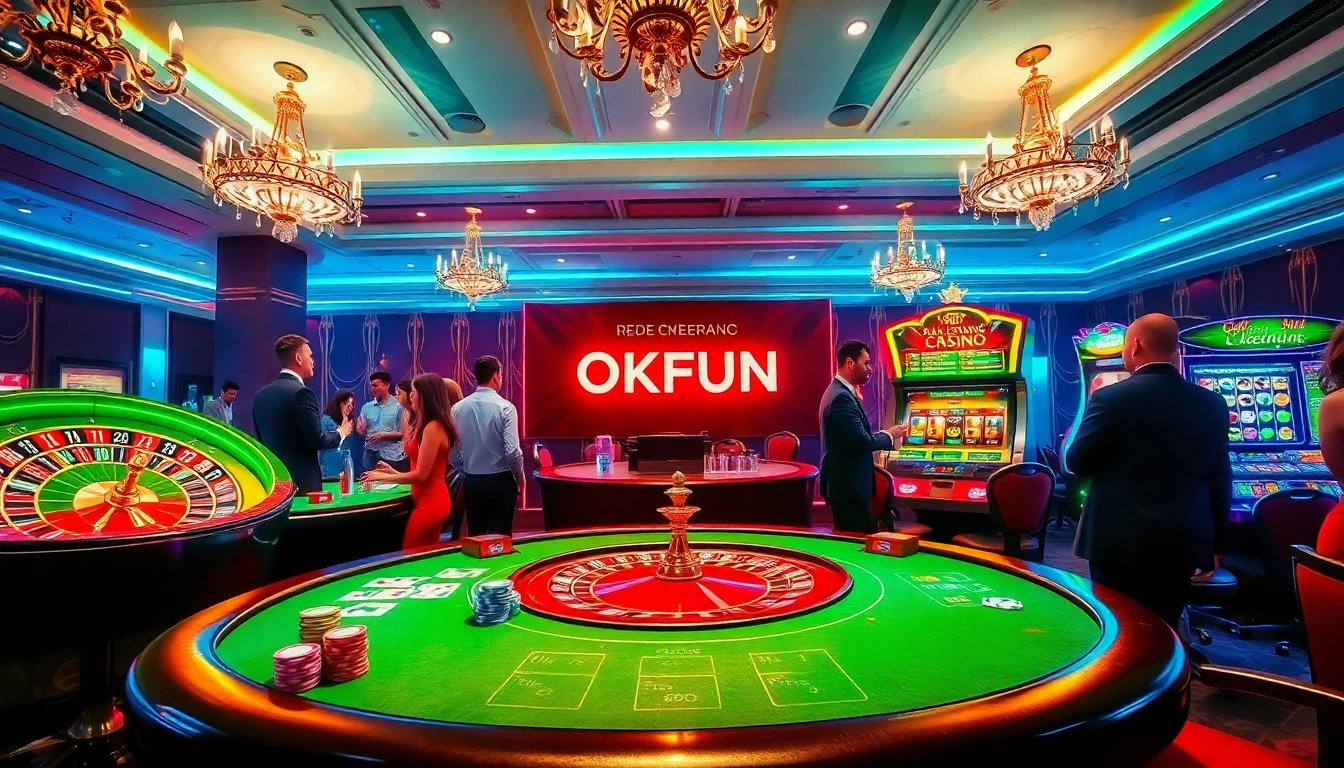 Players at an exciting casino table featuring OKFUN, vibrant poker chips, and slot machines.