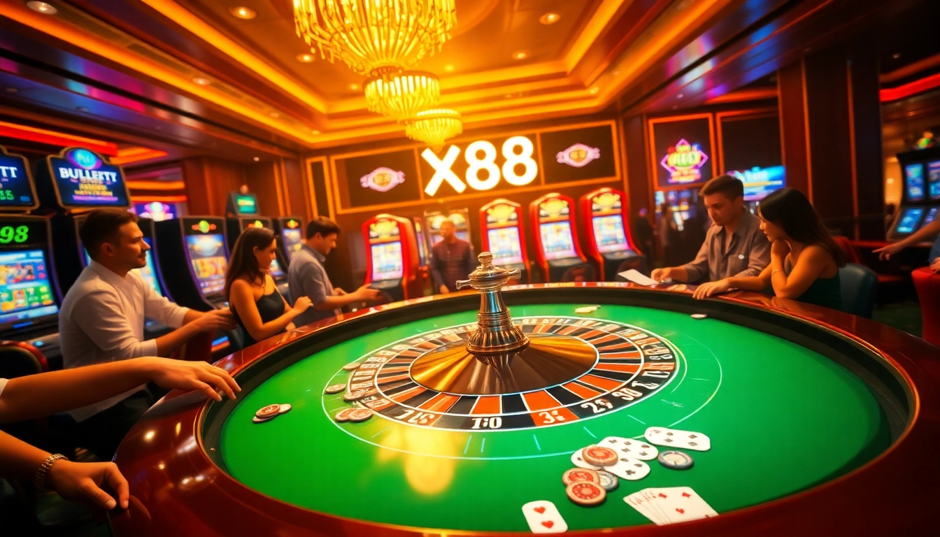 Experience the thrill of gambling at XX88 with vibrant casino tables and chips.
