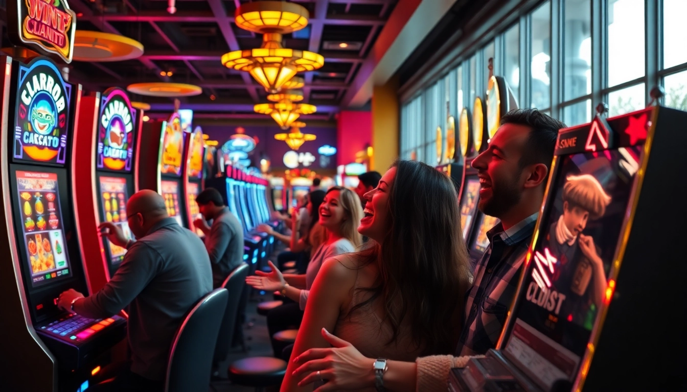 Excited players winning on slot gacor machines in a vibrant casino setting.