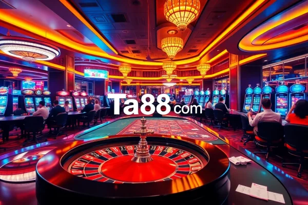 Exciting gaming scene at Ta88 com showing players at roulette and card tables.