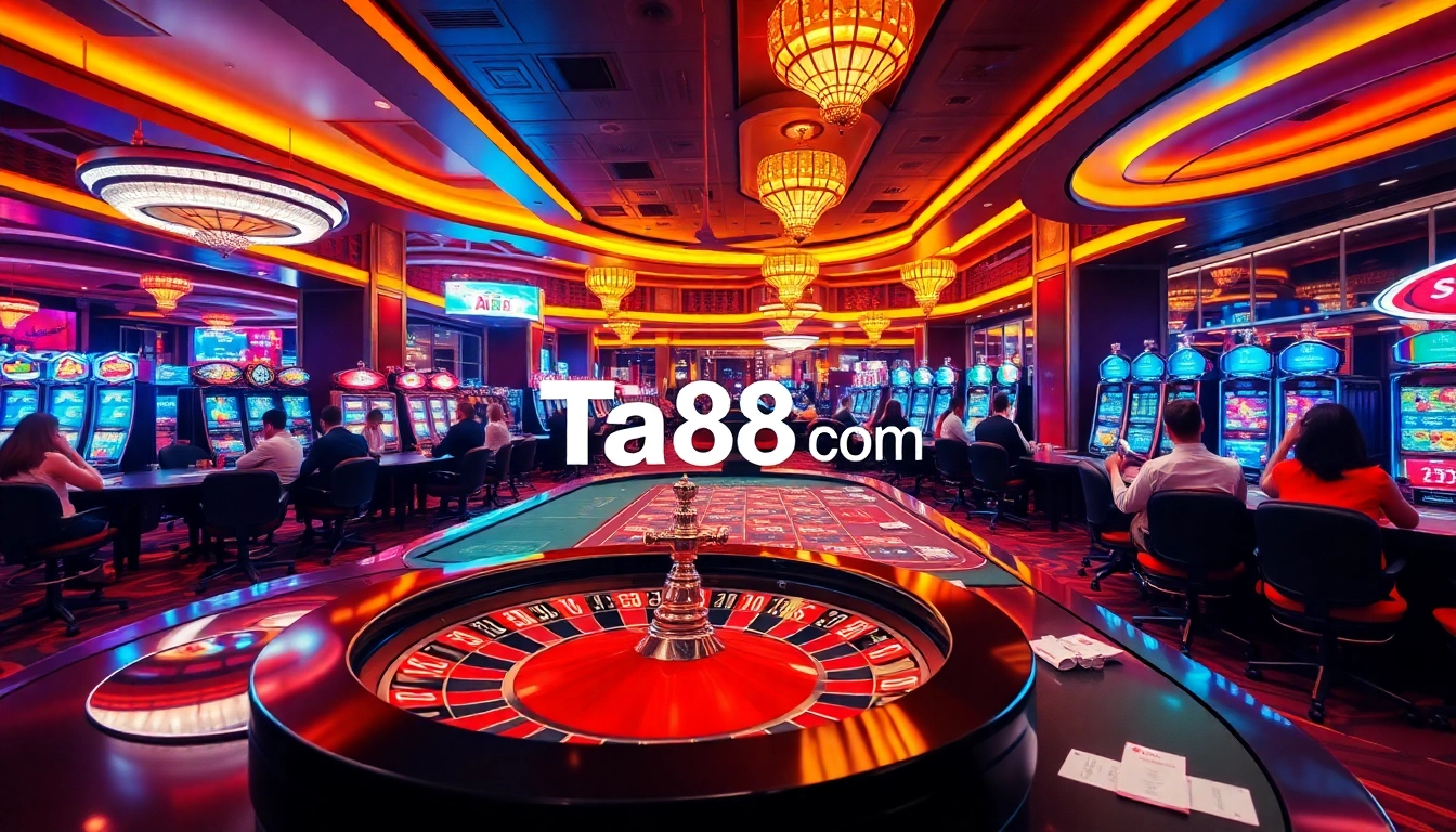 Exciting gaming scene at Ta88 com showing players at roulette and card tables.