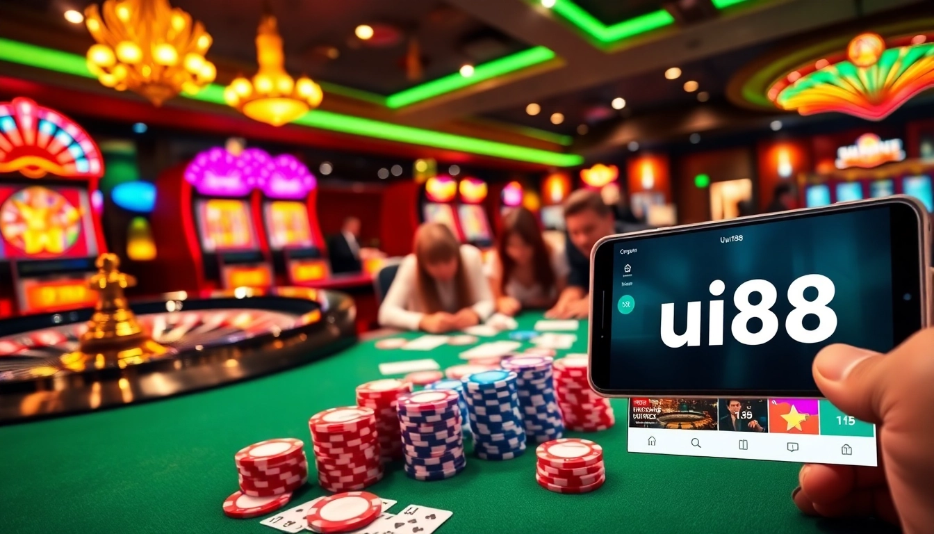 Exciting gameplay at uu88 casino with roulette and poker tables in vibrant setting.