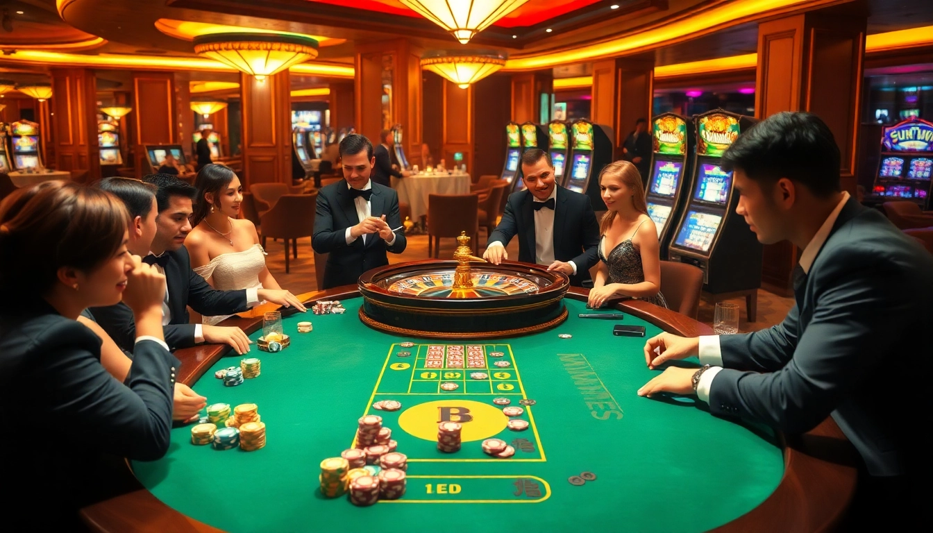 Players strategizing at the sunwin-themed poker table in a luxurious casino.