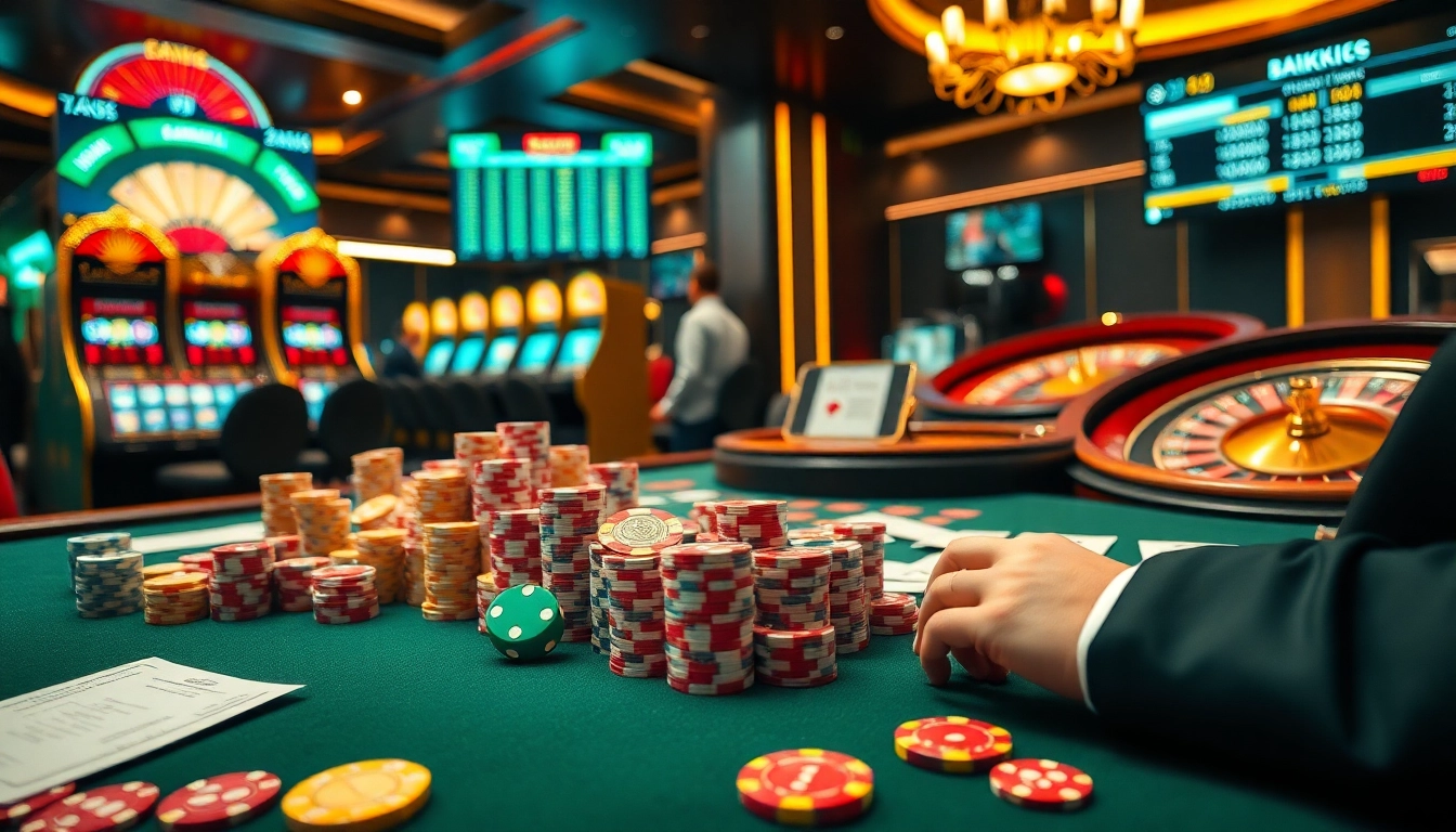 Tỷ lệ kèo illustration showing an exciting casino scene with vibrant gaming elements and professional ambiance.
