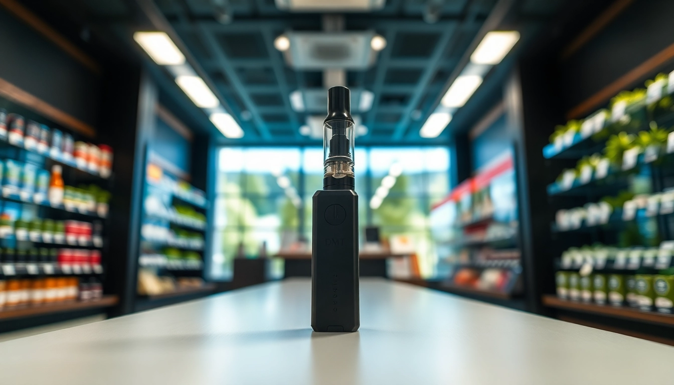 Buy DMT online with high-quality vape cartridge displayed in an inviting dispensary setting.