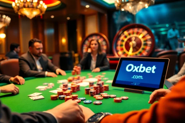 Engage with thrilling poker action at Oxbet com featuring vibrant chips, cards, and roulette excitement.