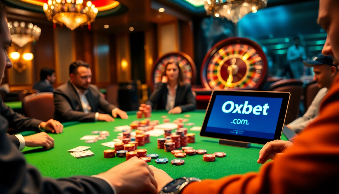 Engage with thrilling poker action at Oxbet com featuring vibrant chips, cards, and roulette excitement.