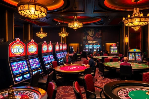 Experience the thrill of UU88 with vibrant slot machines and elegant poker tables in a luxury casino scene.