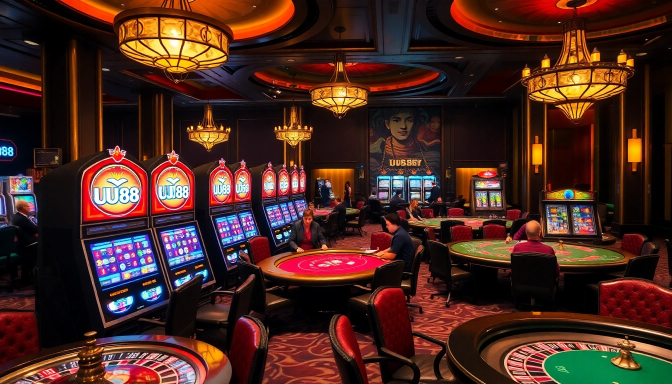Experience the thrill of UU88 with vibrant slot machines and elegant poker tables in a luxury casino scene.