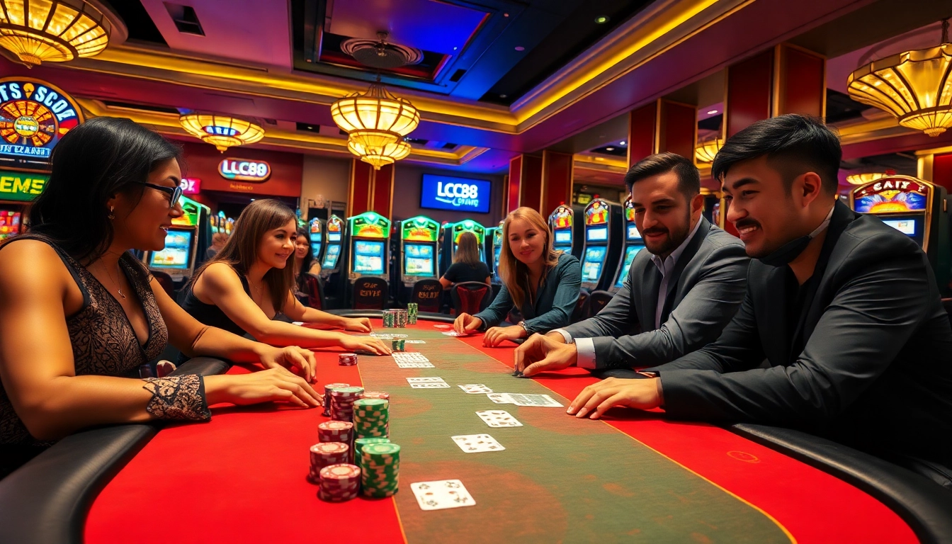 Experience thrilling gameplay at the LC 88 casino, featuring radiant tables and engaged players.