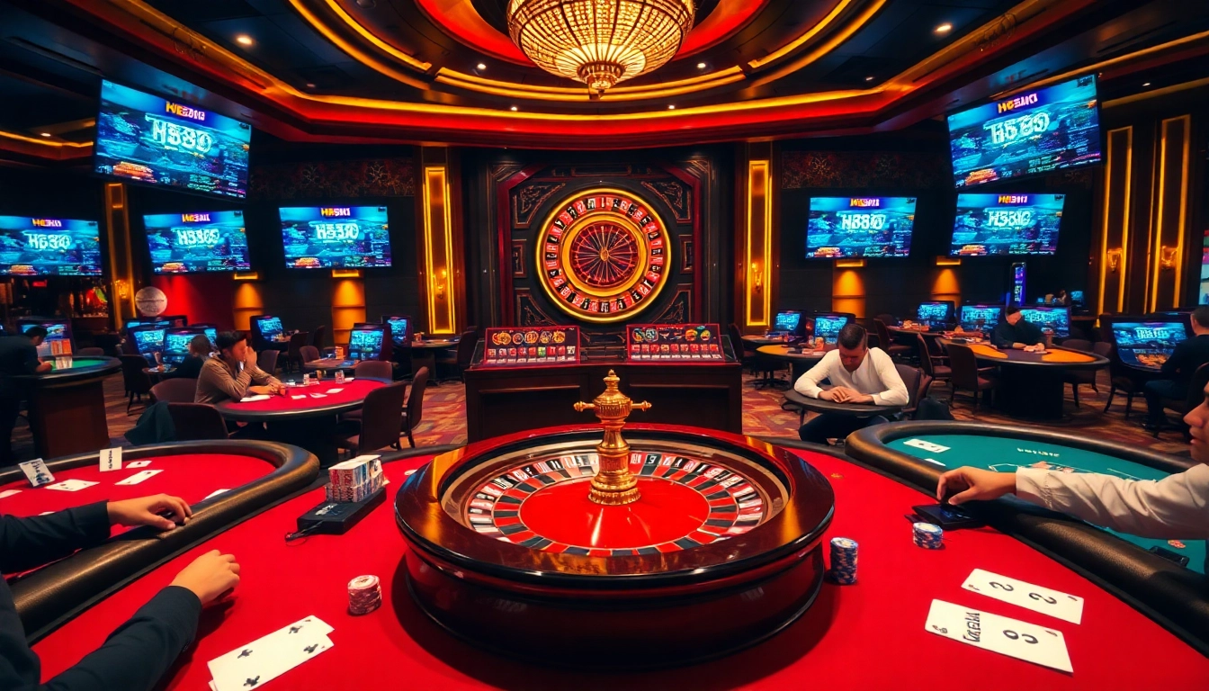 Experience the thrill of hb88 com with an exciting casino scene featuring poker tables and slot machines.