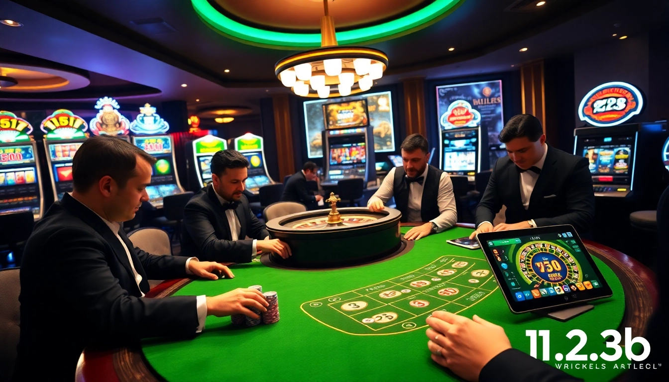 Players enjoying poker at a luxurious casino with 123b online gaming options nearby.