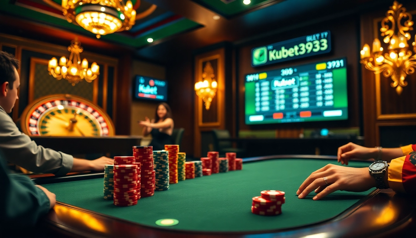 Người chơi Kubet3933 tham gia một ván poker đầy phấn khích tại bàn casino sang trọng với các chip và bàn roulette.