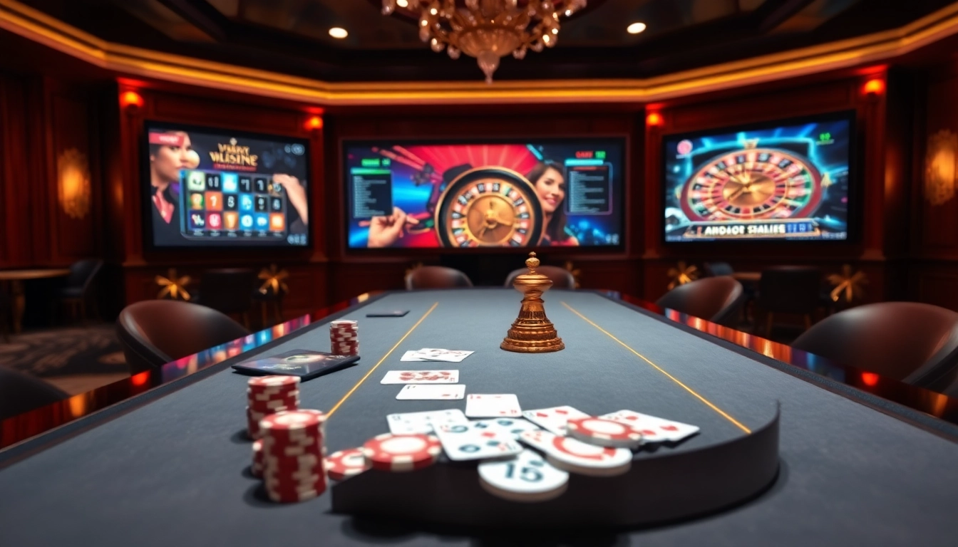Experience thrilling gameplay at VSWIN with vibrant casino elements like poker chips and roulette wheels.