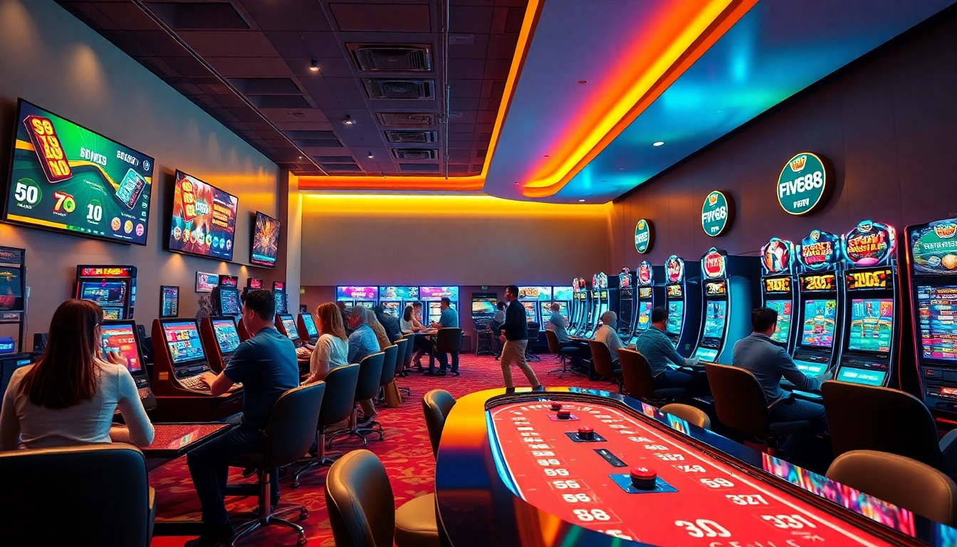 Exciting gaming atmosphere at five88 online casino with happy players at live tables and slots.