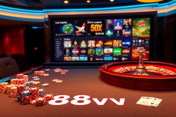 Experience the luxurious thrill of gambling with 88vv's vibrant casino scene featuring poker chips, cards, and roulette wheels.