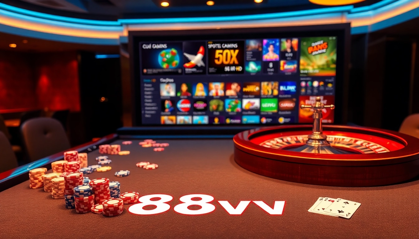 Experience the luxurious thrill of gambling with 88vv's vibrant casino scene featuring poker chips, cards, and roulette wheels.