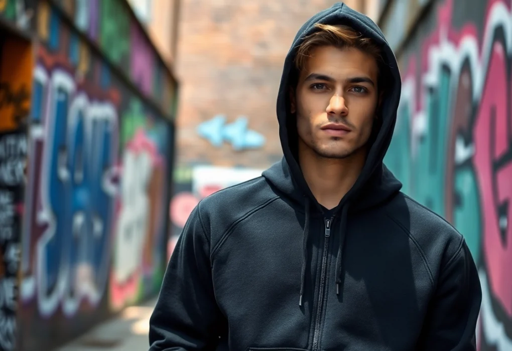 Showcasing a model in a stylish black zip up hoodie against a vibrant graffiti backdrop.