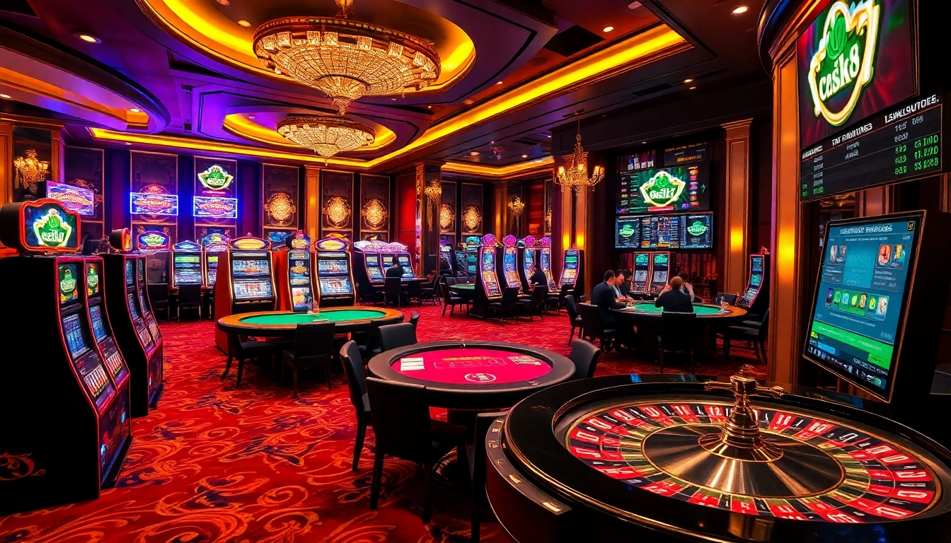 Experience the thrill of gaming at Luck8 with poker tables and roulette wheels in a luxurious casino.
