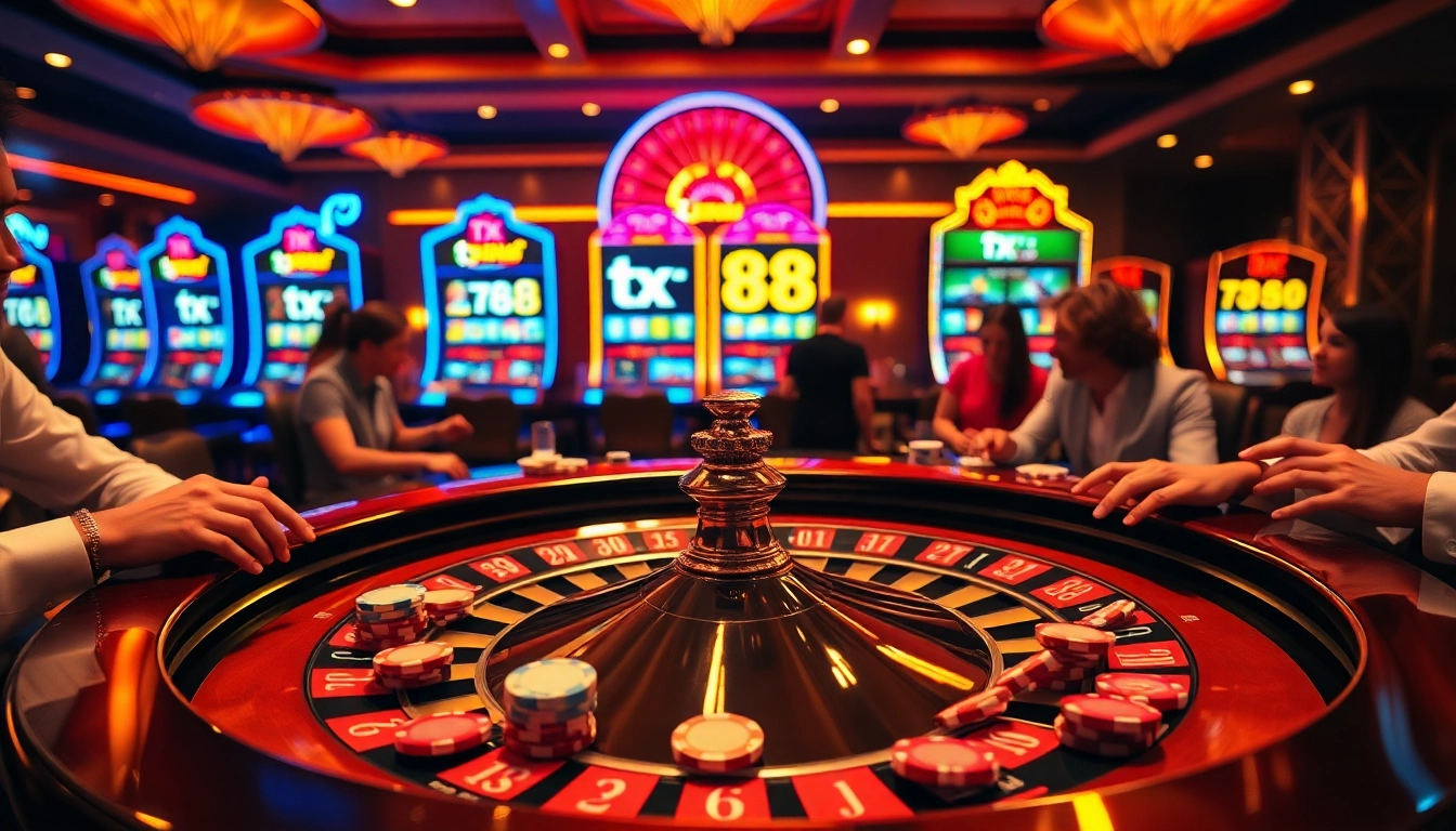 Experience excitement at tx 88 roulette table with vibrant players and colorful chips.