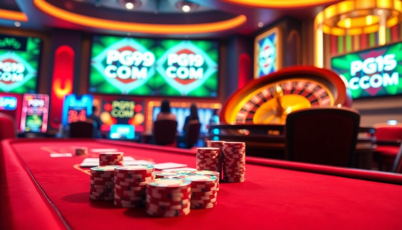 Experience the excitement of PG99 COM at a luxurious casino poker table with vibrant chips.