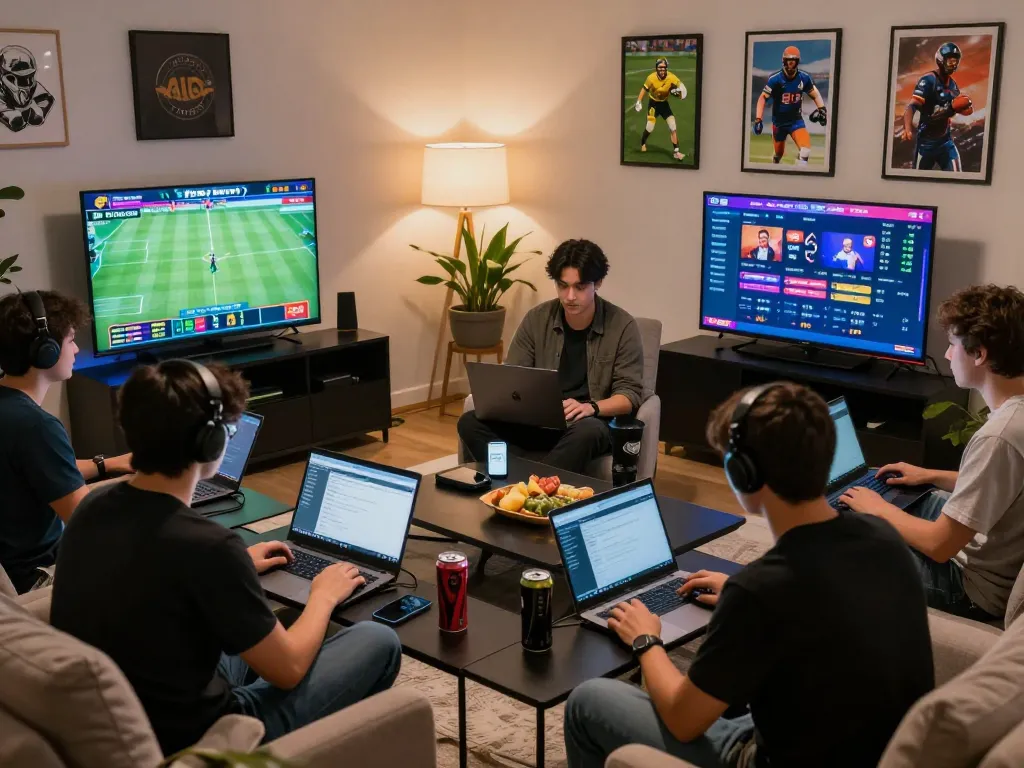 Users engaging in online betting at https://9bet.email/ in a modern living room setting
