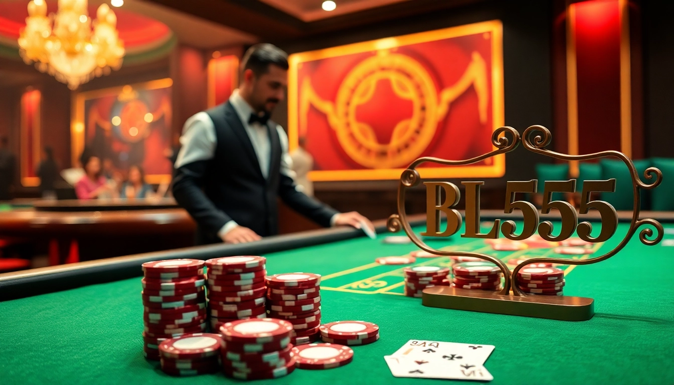 Experience the thrill of betting at BL555’s luxurious casino tables with poker chips and cards.