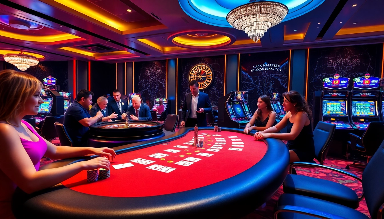 Experience high-stakes gaming at LC88 casino tables, featuring poker chips and vibrant slot machines.