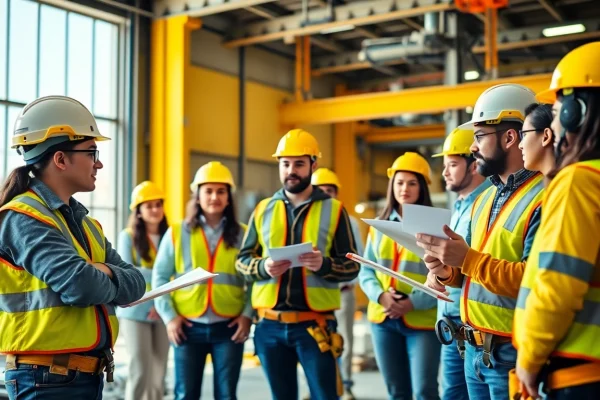 Engaging construction safety training session emphasizing hands-on learning and safety equipment.