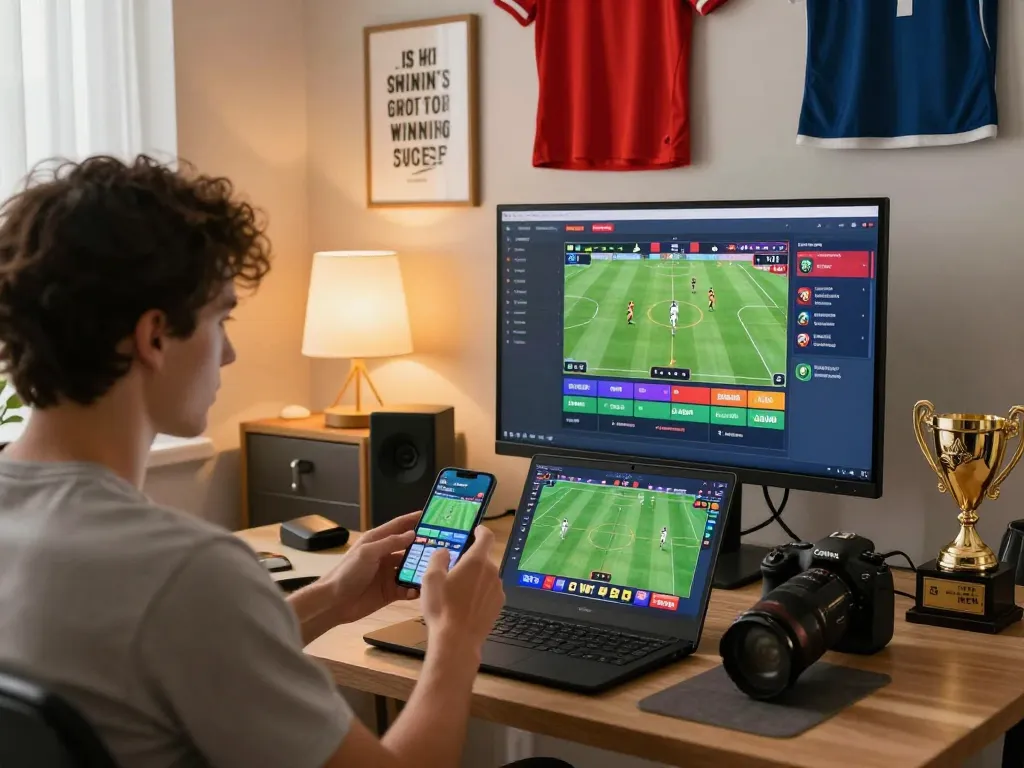 Engaging in sports betting at https://lucky88.vote/ with a dynamic home office setup, featuring interactive games and sports memorabilia.