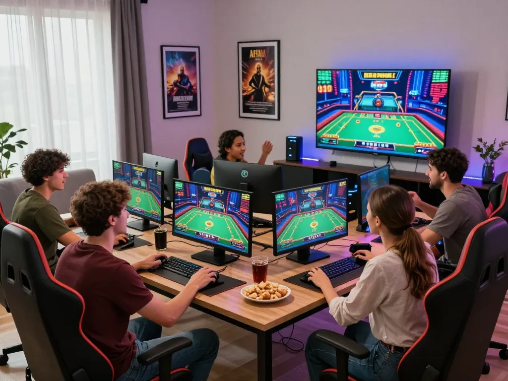 Diverse group enjoying online gaming at https://vb88.trade/ in a lively setting.