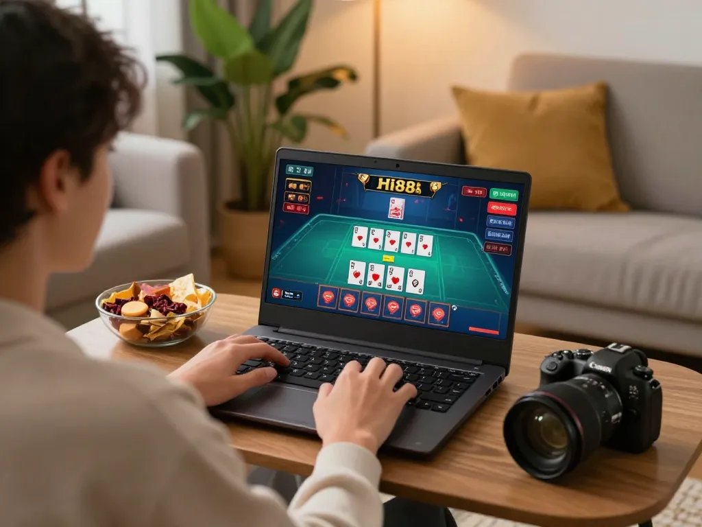 Engaging in online Hi88 casino gaming from home with live dealer interaction on screen