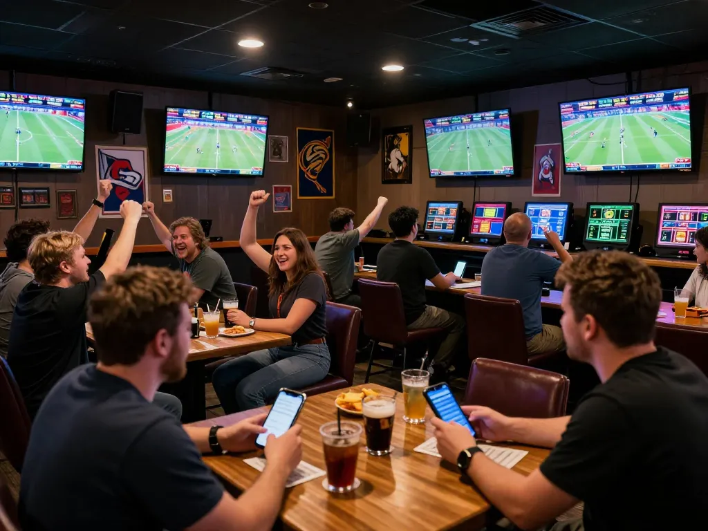 Fans thrill while placing bets at VU88 sports bar, watching live events on screens.