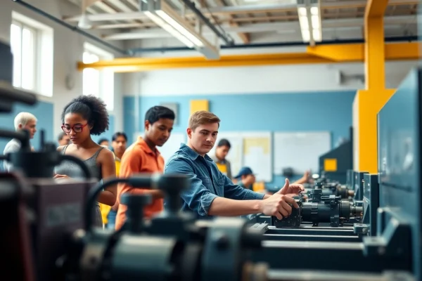 Hands-on learning in a trade school classroom showcasing diverse students engaged in practical training.