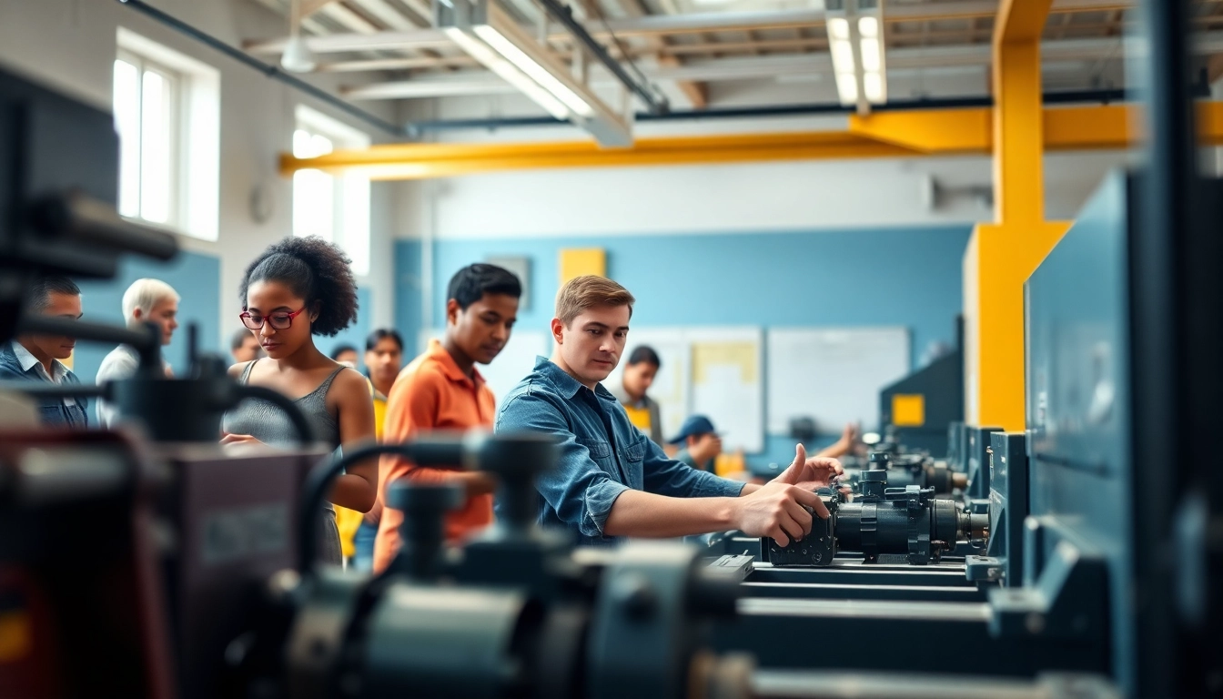 Hands-on learning in a trade school classroom showcasing diverse students engaged in practical training.